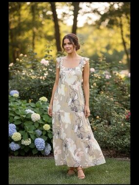 Tribal Beige Floral Ruffle-Sleeve Maxi Dress 1281O-3713-1367